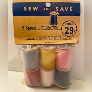 Vintage 6 Spools of Mecerized Thread in colors blue white black pink yellow red